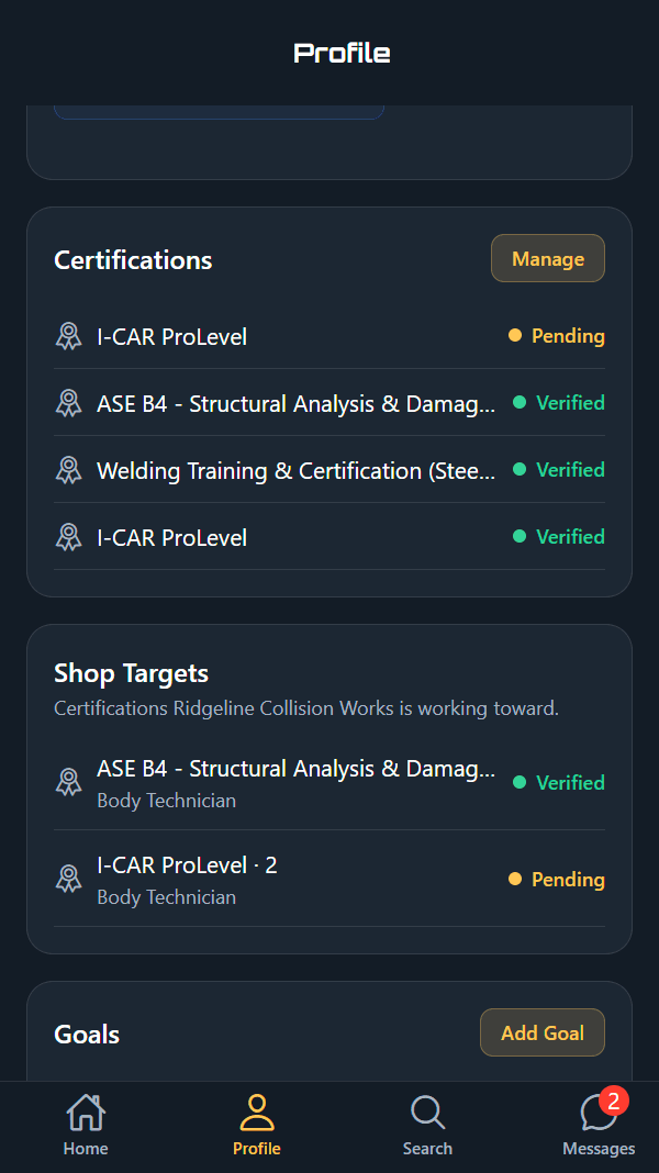 CRX app — Certifications screen