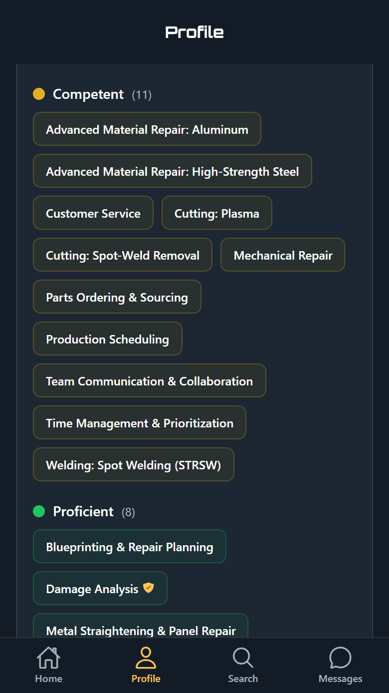 CRX app — Competency Matrix screen